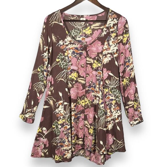 O'neill Blouse Women Size S Boho Pink Brown Yellow‎ Button Front Swing Hem - Picture 1 of 12